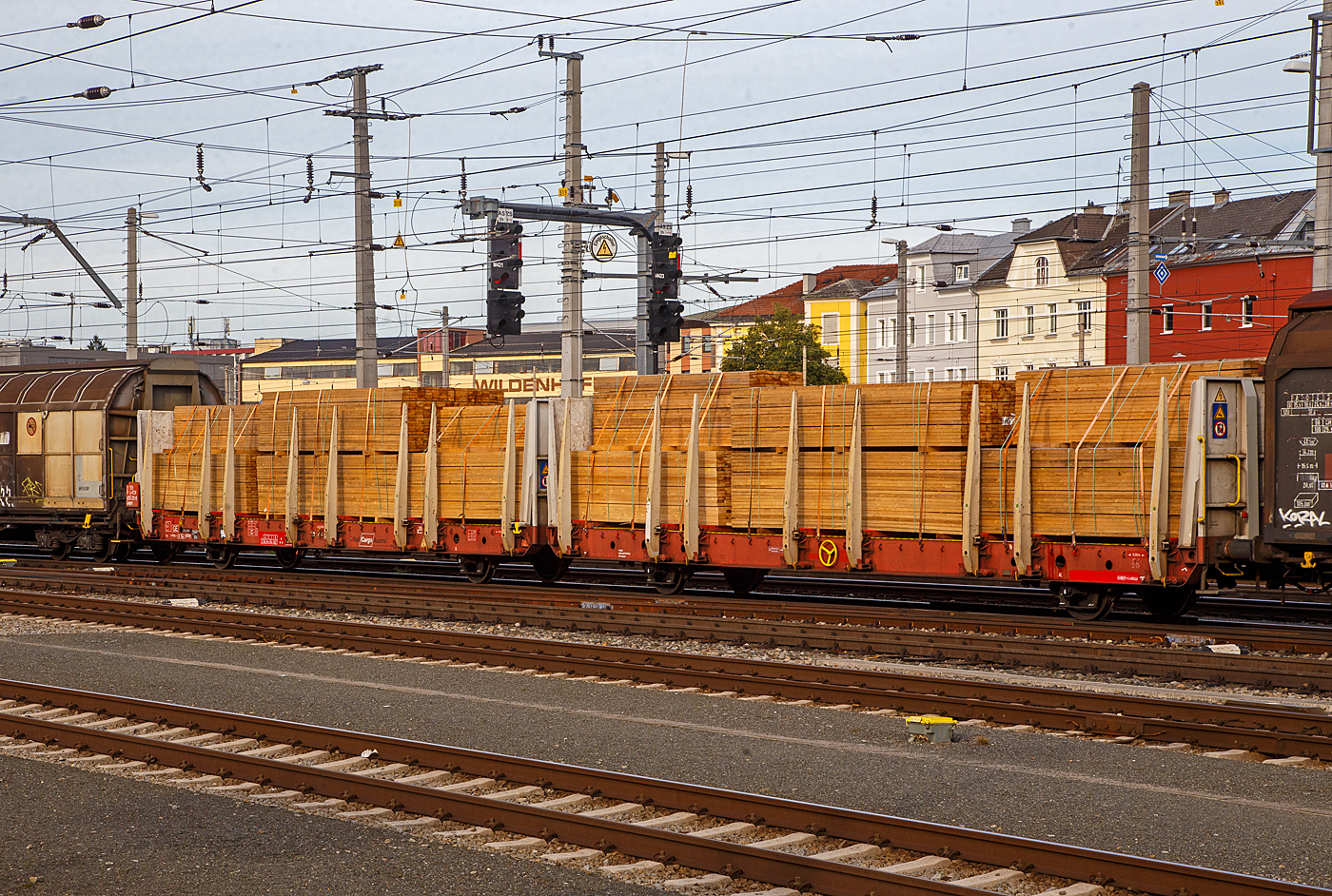 Vierachsiger (2x2) offene Flachwageneinheit mit Rungen und hohen Stirnwänden, 2181 4395 223-0 A-RCW, der Gattung Laaprs „Woodrailer“, der Rail Cargo Austria (zur ÖBB), am 12.09.2022 im Zugverband, beladen mit vierk. Hölzern (Balken), bei einer Zugdurchfahrt im Hbf Salzburg.

TECHNISCHE DATEN:
Gattung: Laaprs („Woodrailer“,) 
Spurweite: 1.435 mm
Anzahl der Achsen: 4 (2 x 2)
Länge über Puffer : 29.570  mm
Achsabstände: 2 x 9.000 mm
Laufraddurchmesser: 920 mm (neu)
Ladelänge : 2 x 13.800 mm 
Ladebreite: 2.650 mm
Ladefläche: 2 x 36,57m²
Höhe der Ladefläche über SOK (Containeraufstandhöhe) : 1.175 mm
Höchstgeschwindigkeit: 100 km/h (120 km/h leer)
Eigengewicht: 27.900 kg
Max. Nutzlast: 54,1 t (C), 62,1 t (D) und 72,1 t (an Streckenklasse E)
Abstand der äußeren Radsätze: 22.300 mm (9.000 / 4.300 / 9.000 mm)
Kleinster befahrb. Gleisbogenhalbmesser: 75 m
Bremse: KE-GP-A (K)
Bremssohle: Jurid 816M
Intern. Verwendungsfähigkeit: TEN-GE

Besonderheiten: Die Wageneinheit hat 4 Stirnwände, 16 Drehrungen und 16 Containerriege (umklappbar) für 20´ und 40´ ISO-Container.Vor der Beladung mit Stamm- und Schnittholz sin die Containerriege umklappen.
