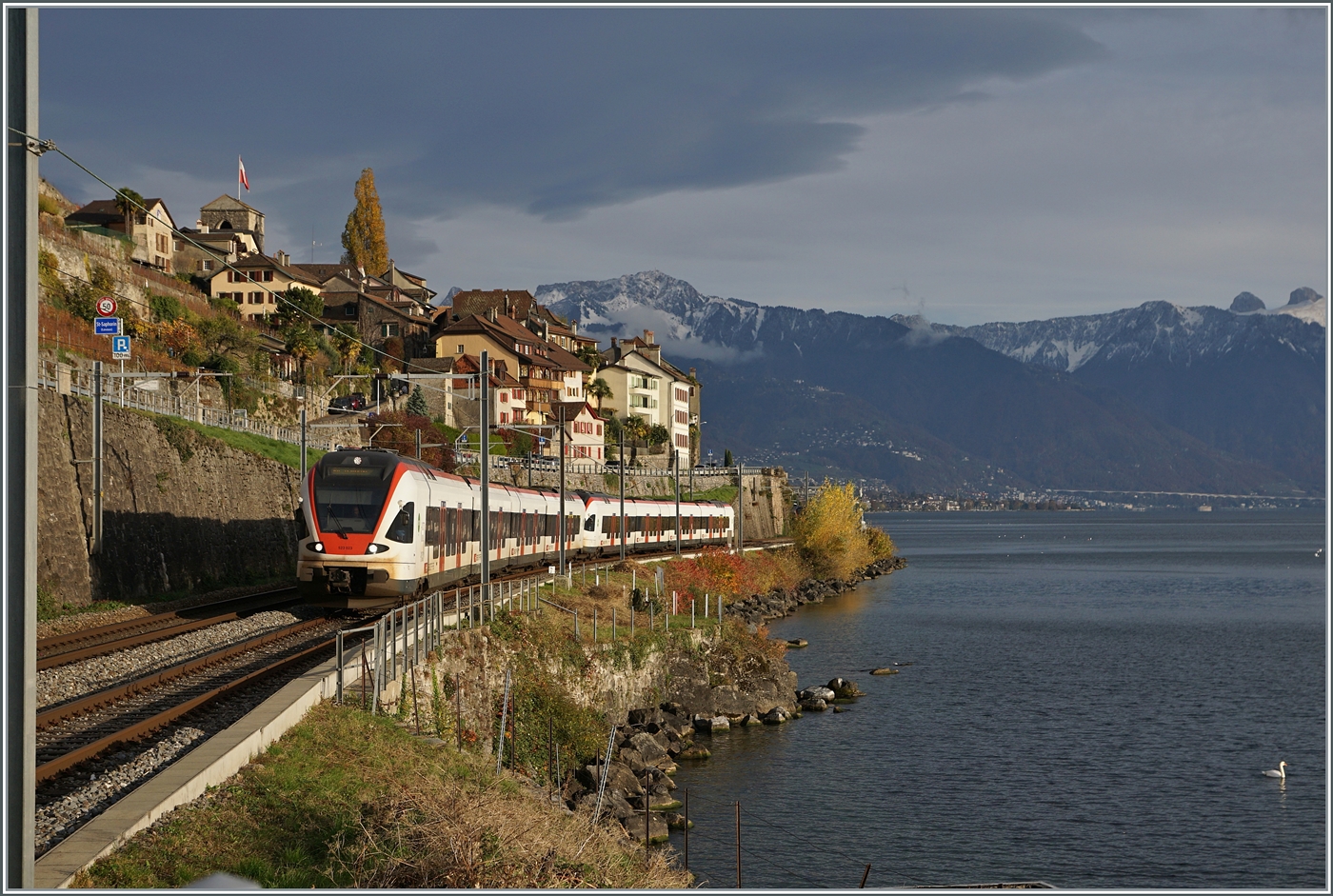 Von der bekannten Fotostelle ein Nachmittagsklassiker: vor dunklen Wolken im Hintergrund zeigt sich sonnenbeschienen St-Saphorin und zwei SBB RABe 523 mit dem RABe 523 023 an der Spitze auf der Fahrt in Richtung Lausanne. 

12. Nov. 2024