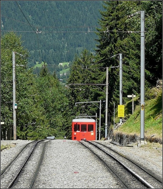 Der  petit train rouge  kommt aus Chamonix Mont Blanc und ist nach Montenvers Mer de Glace unterwegs. 03.08.08 (Jeanny)