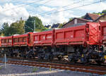 Zweimuldiger Schüttgutkippwagen mit elektrohydraulischer Betätigung und vier Radsätzen, 33 53 6770 046-5 RO-DBSR, der Gattung Fans 128, der Deutsche Bahn Cargo Romania SRL (ex DB