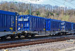 4-achsiger Drehgestell-Containertragwagen der Gattung Sgmnss, 33 85 4578 309-3 CH-HUPAC, der HUPAC AG, beladen mit 2 Stück 30 Fuß Spezialcontainer, am 24.03.2021 im Zugverband bei der