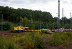 Der 125 t KIROW Gleisbauschienenkran KIROW Multi Tasker KRC 810 T (mit Schwerlastausrüstung), vermutlich Schweres Nebenfahrzeug Nr. D-HGUI 99 80 9419 024-1, ex 97 82 53 513 19-3, der HERING Bahnbau GmbH (Burbach) ist am 28 September 2025 im Rbf Betzdorf/Sieg abgestellt. 

Vor dem Kran sind die vierachsige (2 x 2-achsige) lange Flachwageneinheit mit abgesenktem Fußboden (ohne Radvorlegern) 27 80 434 8 089-8 D-HGUI, der Gattung Laadkks (TWA 850 RV), sowie davor ein Drehgestell-Flachwagen der Gattung Res als Schutzwagen zum Kran (u.a. beladen mit der Traverse, Anschlagmittel und sonstiges Zubehör).