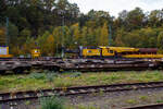 Der 150 t Gleis- und Eisenbahndrehkran (EDK) KIROW Multi Tasker KRC 1200, D-HGUI 99 80 9419 041-5 „IDEFIX“ der HERING Bahnbau GmbH in Burbach-Holzhausen, ist am 19 Oktober 2025 im Rbf Betzdorf/Sieg abgestellt. Leider stehen noch auf den Gleisen davor andere Wagen. Nach der Gewichtsklasse hätte der Kran eher den Namen „Obelix“ verdient und nicht den Namen nach Hund von Obelix „Idefix“. 

Links hinter dem Kran den vierachsige Gegenlastwagen D-HGUI 99 80 9310 032-4 auf der einen Seite mit dem abgelegten Gegengewicht des Krans und auf der anderen Seite stützt, sich hier in der Transportstellung, das Gegengewicht-Teleskop hydraulisch auf dem Gegenlastwagen ab. Durch die Abstützung wird die Achslast und folglich die Streckenlast (Meterlast) vom Kran auf max. 7,2 t/m reduziert. Die max. Achslasten betragen beim Kran 13,7 t und den Wagen 19,9 t, so kann der Kranzug auf der Streckenklasse C befördert werden. 

Dahinter noch ein vierachsiger Drehgestell-Flachwagen, Nummer unbekannt, der Gattung Res als Kran-Schutzwagen gegenlastseitig, u. a, beladen mit Werkstattcontainer, kleine Traversen, Anschlagmittel und sonstiges Zubehör/Equipment.

Rechts vor dem Kran ein vierachsiger Drehgestell-Flachwagen, Nummer unbekannt, der Gattung Res als Kran-Schutzwagen auslegerseitig beladen mit langen Traversen. 