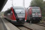 642 683-6(Nordost Regio Hanse-Verkehr)stand am 03.10.2014 als RE 8 Rostock-Tessin im Rostocker Hbf neben an schlief die Eintracht ganz friedlich und ohne Randale.