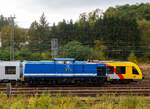 Die V 100-SP-008 / 203 128-4 (92 80 1203 128-4 D-SLG) der SLG Spitzke Logistik GmbH, ex DR 110 529-5, ex DR 112 529-3, ex DR 202 529-4, ex DB 202 529-4, rangiert am 30 September 2025 im Rbf Betzdorf/Sieg.

Die V 100.1 wurde 1973 von LEW (VEB Lokomotivbau Elektrotechnische Werke „Hans Beimler“ Hennigsdorf) unter der Fabriknummer 13568 gebaut und an die DR als 110 529-5 ausgeliefert. Der Umbau in DR 112 529-3 erfolgte 1985, eine Umzeichnung in 202 529-4 erfolgte 1992 und 1994 ging sie dann mit in die DB über. Die z-Stellung und Ausmusterung erfolgten 1997/1998. Dann ging sie zur SFZ - Schienenfahrzeugzentrum Stendal, ab 01.11.2002 ALS - ALSTOM Lokomotiven Service GmbH, dort wurde sie auch 
gemäß Umbaukonzept BR 203.1 umgebaut. Seit dem 20.07.2007 fährt sie nun für die SLG - Spitzke Logistik GmbH in Großbeeren als V 100-SP-008 (80 1203 128-4 D-SLG).

TECHNISCHE DATEN:
Spurweite: 1.435 mm (Normalspur)
Achsanordnung: B'B' 
Länge über Puffer: 14.240 mm
Radsatzabstand im Drehgestell: 2.300 mm
Drehzapfenabstand: 7.000 mm
Kleinster befahrbarer Gleisbogenradius: 100 m
Dienstgewicht: 68 t
Leistungsübertragung: dieselhydraulisch
Höchstgeschwindigkeit: 100 km/h
Kleinste Dauerfahrgeschwindigkeit: 11,1 km/h

Motortyp: Caterpillar 3512 B DI-TA
Motorbauart: 12-Zylinder-Dieselmotor mit Direkteinspritzung, Abgasturbolader und Ladeluftkühlung
Motorleitung: 1.305 kW (1.775 PS) bei 1.600 U/min
Hubraum: 51,8 l (Bohrung-Ø 170 x Hub 190 mm)
Motorgewicht: 6.537 kg
Getriebe: Voith Strömungsgetriebe GSR 30/5,7
Betriebsstoffvorräte: 2.500 l (Dieselkraftstoff)
Bremse: Klotzbremse, KE-GP m. Z