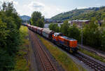 Die KSW (Kreisbahn Siegen-Wittgenstein) schlängelt sich am 25 Juli 2025 im Sandwich mit einem sehr langen und somit schweren Coilzug, von via Betzdorf/Sieg kommend, vom Gleis 4 in Herdorf auf den