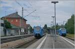 In Hergatz begegnen sich die Go Ahead ET 4.33 (94 80 1428 037-4 D-GABY)) von Lindau Insel nach Memmingen und der in die Gegenrichtung fahrende ET 4.21. 

19. Juni 2023