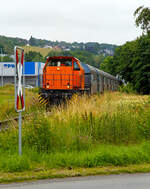 Die KSW 44 (92 80 1271 004-4 D-KSW) die MaK G 1000 BB der KSW (Kreisbahn Siegen-Wittgenstein) fährt am 16.07.2021 mit einem Coilzug auf der KSW-Privatbahnstrecke der Freien Grunder Eisenbahn (KSW