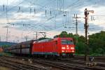   185 377-9 der DB Schenker Rail Deutschland AG fährt am 14.06.2014 mit einem leeren Kohlezug (Fals/Faals Ganzzug) durch Koblenz-Lützel in Richtung Norden.