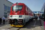 381 001-7 ZSSK - elezničn spoločnosť Slovensko (Eisenbahngesellschaft Slowakei AG) stand auf der InnoTrans 2012 in Berlin. Die Fahrzeuge der ZSSK-Baureihe 381 sind elektrische Mehrsystemlokomotiven, die dem Typ 109 E des tschechischen Herstellers koda entsprechen. Seit Februar 2012 wird eine Lokomotive vor planmigen Zgen weiter erprobt. 21.09.2012