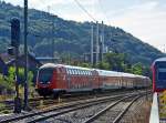   Steuerwagen voraus fährt der RE 30  Main-Weser-Express  (Umlauf RE 4154), Verbindung  Frankfurt (Main) Hdf -  Gießen - Marburg Hbf - Treysa - Kassel Hbf, am 13.08.2014 in den Hbf Marburg