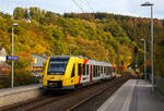   Der VT 503 (95 80 1648 103-7 D-HEB / 95 80 1648 603-6 D-HEB), ein Alstom Coradia LINT 41 neue Generation, der HLB (Hessische Landesbahn GmbH) erreicht am 08.10.2018, als RB90  Westerwald-Sieg-Bahn 