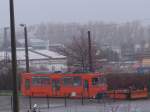 Tatra T6 Wagen 551 als Arbeitstram stand am 22.01.2011 auf dem Gelnde der Rostock-Straenbahn AG agestellt.