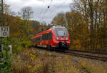 Der vierteilige Bombardier Talent 2 (442 760 / 442 260) erreicht am 02 November 2024, als RE 9 rsx - Rhein-Sieg-Express (Aachen - Köln - Siegen), den Bahnhof Kirchen/Sieg.