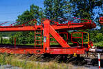 Detailbild von dem vierachsigen (2 x zweiachsiger) Doppelstock-Autotransportwagen, 25 80 4371 630-1 D-ATG, der Gattung Laaers 560.1 (BA 5.854) der DB Cargo Logistics GmbH (ex DB Schenker ATG), am 28