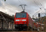 Die 146 004-7 (91 80 6146 004-7 D-DB) der DB Regio NRW erreicht am 15.01.2023, Steuerwagen voraus mit dem RE 9 rsx - Rhein-Sieg-Express (Siegen– Kln - Aachen), den Bahnhof Betzdorf (Sieg).