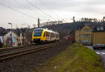 Der VT 252 (95 80 0648 152-6 D-HEB / 95 80 0648 652-5 D-HEB), ein Alstom Coradia LINT 41 der HLB (Hessische Landesbahn), ex Vectus VT 252, fährt am 22.02.2023, als RB 93  Rothaarbahn  (Betzdorf -