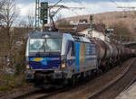 Die für die Rurtalbahn Cargo GmbH fahrende Vectron 193 824-0   Düren  (91 80 6193 824-0 D-Rpool) der Railpool GmbH (München), fährt am 19.03.2021 mit einem Kesselwagenzug durch den