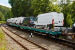 Vierachsige (2 x 2 achsige) Flachwageneinheit mit geradem Fußboden und Radvorlegern der Mercitalia Rail Srl., der Gattung Laadgrs.