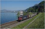 Die SBB Re 620 061-2  Gampel Steg  mit einem Güterzug auf der Fahrt in Richtung Wallis kurz vor Villeneuve; im Hintergrund ist das Château de Chillon zu sehen.