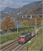 Die SBB Cargo Re 4/4 II 11243 (Re 420 243-8)  Wartung mit Durchblick  erreicht mit einem Güterzug den Bahnhof von Villeneuve.