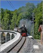 Die SEG G 2x 2/2 105 der Blonay-Chamnby Bahn dampft bei Vers-chez-Robert über den neu restaurierten Baye de Clarens Viadukt in Richtung Chamby.

18. Mai 2025