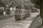 Die ehemalige Tramlinie 1 in Bern im Raum Brückfeld: Ein Tramzug mit dem alten Motorwagen 146 (noch ohne Luftbremse und für stehende Bedienung) mit dem Zweiachsanhänger 223 fährt