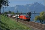 Die  SBB Re 460 062-0 mit einem IR nach Genève Aéroport und im Hintergrund leider halb verdeckt und klein, ein Dampfschiff bei Villeneuve.