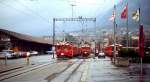 Im April 1996 stehen ABe 4/4 487 und ein weiterer ABe 4/4 in den Abstellanlagen der Arosabahn vor dem Hauptbahnhof Chur.