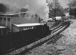 Die Dampflok der Gaswerkbahn Bern im Aufstieg vom Gaswerk nach Wabern, neben der Turnhalle Schönau, an der Aare.