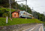   Der FART Gelenk-Triebwagen ABe 4/6 54 „Intragna“  am 02.08.2019  hat seinen Endbahnhof  Camedo erreicht, und steht nun wieder zur Rückfahrt nach Locarno bereit.