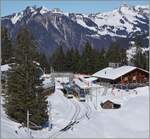 Ein Blick auf den Bahnhof von Winteregg mit zwei sich kreuzenden BLM Be 4/6.